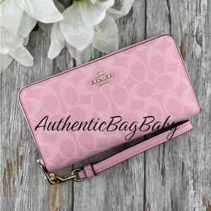 Coach Powder Pink Long Zip Around Wallet In Signature Canvas Bag Purse